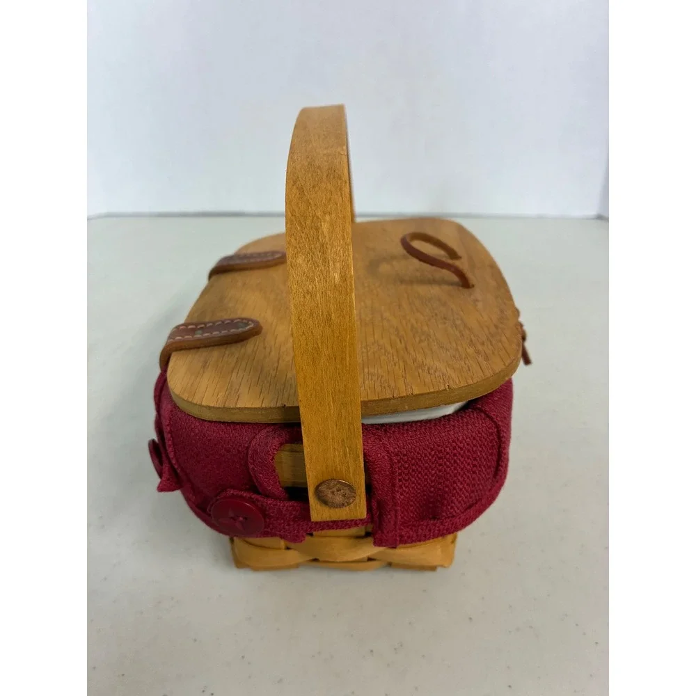 Longaberger Woven Wood Basket Burgundy Liner Wood Lid Divided Protector‎ Set